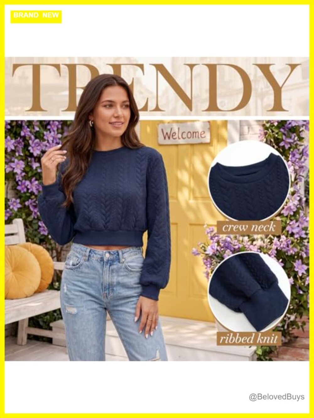 Women Crew Neck Cropped Cable Knit Pullover Sweater Long Lantern Sleeve Fitted - Picture 5 of 6